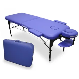 WELLCORE Klappliege aus Aluminium, 1865 x 65 cm, Kunstleder, höhenverstellbar, Gelenkkopf, Gesichtsloch, Seitenarme, Blau, Transportrucksack, bis 225 kg