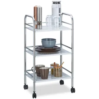 Relaxdays Servierwagen Metall mit 3 Ablagen, Etagen Küchenwagen mit Griff, Bremsen, Regalwagen HxBxT 75x40,5x31 cm, weiß