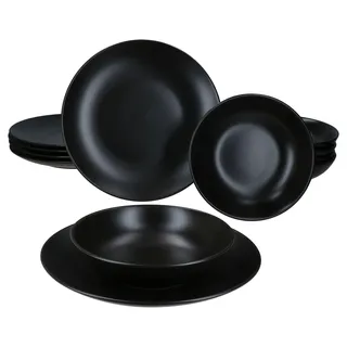 12tlg Tafelservice Panther Steingut 6 Personen Speiseteller Suppenteller 420ml - Schwarz