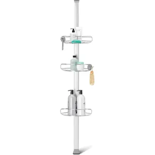 Simplehuman Mittelgroßer Spann-Duschcaddy, Teleskop Duschregal, Badregal ohne Bohren, auf 1,5 m -2,4 m ausziehbar, gebürsteter Stahl, BT1109DC, Edelstahl + Eloxiertes Aluminium