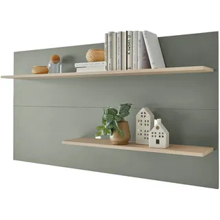 Furn.Design Wandpaneel Salbei grün, Barista Eiche 155 x 80 cm, Wandregal mit 2 Ablagebödem , Salbeigrün, Eichefarben , Holzwerkstoff, Metall , Nachbildung,Eiche , 155x80x20 cm , FSC Mix , Wohnzimmer, Regale, Wandboards