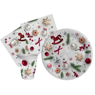 Ciao Partygeschirr Party-Set Weihnachten White Christmas für 8 Personen (36 pcs: 8 Pappteller Ø23cm, 8 Becher 250ml, 20 Servietten 33x33cm) aus eco-Friendly kompostierbarem Papier