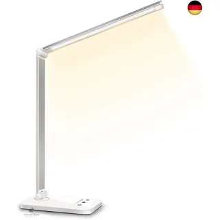 SLATOR Schreibtischlampe LED Dimmbare Tischleuchte 5 Farb und 10 Helligkeitsstufen Nachttischlampe USB-Anschluss für Aufladung des Smartphones Leselicht für Leser, Kinder, QM019, Aluminium, Silver