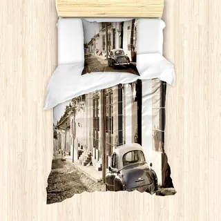ABAKUHAUS Oldtimer Bettbezug Set für Einzelbetten, Alte Auto-Kuba-Straße, Milbensicher Allergiker geeignet mit Kissenbezug, Beige - Beige