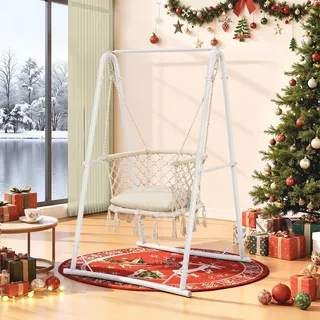 YITAHOME Hängesessel mit Gestell, Max. Belastung 150 kg, Stabiler Stahlrahmen, Hängeschaukel mit Kissen, 105x93x160 cm, Hängesessel mit 2 Haken für Terrasse, Balkon und Garten, Weiß