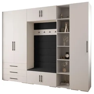 Abiks Möbel Garderoben-Set 236,7/290/47 , Weiß, Schwarz, Schwarz , Holz , Nachbildung , 13 Fächer , 290x236.7x47 cm , Garderobe, Garderoben-Sets & Garderoben-Serien, Garderoben-Sets