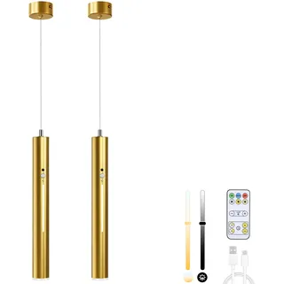 Lightsjoy 2er Hängelampe mit Batterie 5000 mAh Akku Pendelleuchte mit Fernbedienung Hängeleuchte Ohne Strom Dimmbar Golden Lampen Hängend mit Bewegungsmelder für Küchenlampe Schlafzimmer Wohnzimmer