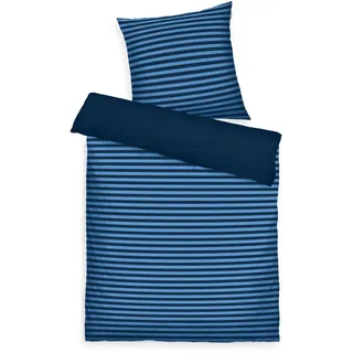 Herding TOM TAILOR Renforcé-Bettwäsche, 80x80 cm + 135x200 cm, 100% Baumwolle/ Renforcé, mit Wendemotiv und farbigem Markenreißverschluss, MEDIUM STRIPES Blau (Dark Navy & Cool Blue)