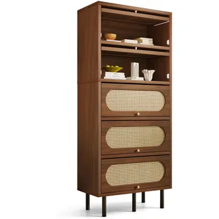 Modfu Sideboard aus Holz 80x40x163 cm Nussbaum mit 5 Klappen, Rattan-Front und Metallbeinen , Walnussfarben , Holzwerkstoff , 80x163x40 cm , Kleinmöbel, Kommoden, Sideboards