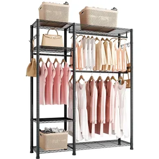 VEVOR Kleiderständer Garderobenständer (verstellbar) mit 3 Kleiderstangen & 363 kg Tragkraft & 6 Regalen & 8 Haken, offener Kleiderschrank für Schlafzimmer Bekleidungsgeschäft Garderobe Flur