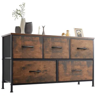 Sweetcrispy Kommode,Sideboard Wohnzimmer für Schlafzimmer mit 5 Stoffschubladen,Einstellbare Füße Schubladenschrank, Braun