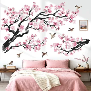wondever Wandtattoo Rosa Blumen Baum Ast Groß Wandsticker Blüten Vögel | Abziehen und Aufkleben, Abziehbar, Wandaufkleber Selbstklebend für Schlafzimmer Wohnzimmer Flur Sofa Hintergrund Wanddeko