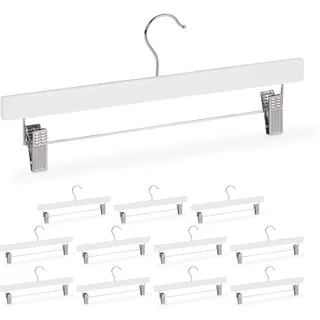 Relaxdays Hosenbügel Holz, 12 Stück, verstellbare & gummierte Clips, 360° drehbarer Haken, Rockbügel, 35,5cm breit, weiß