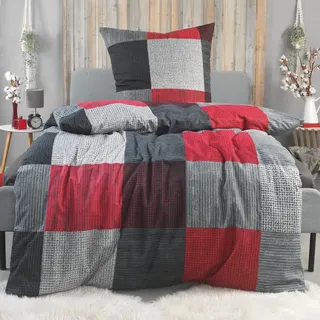 BaSaTex Biber Flanell Bettwäsche, 155x220 + 80x80 cm, Karo Rot | 100% Baumwolle, Biber Flanell Qualität, Weich, Wärmend, Reißverschluss, Öko_Tex Standard