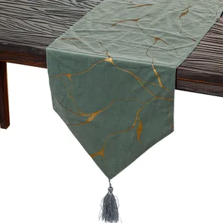 DRW Tischläufer aus Polyester in Grün und Gold, 30 x 1 x 180 cm
