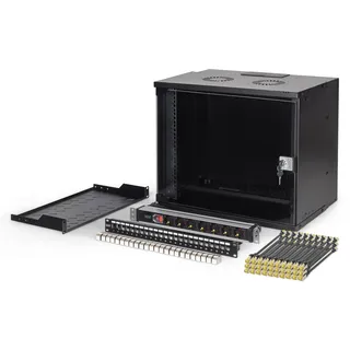 Digitus 19 Zoll Netzwerk-Set – 9HE Netzwerkschrank SOHO PRO – 1HE Fachboden – 24-Port Patch Panel – 24 Keystone Module – 30 Patchkabel – Steckdosenleiste – unmontiert – Schwarz