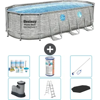 Bestway Oval Power Steel Swim Vista Swimmingpool – Steindruck – 549 x 274 x 122 – inklusive Pumpe – Leiter – Abdeckung Wartungspaket - Filter - Reinigungskit