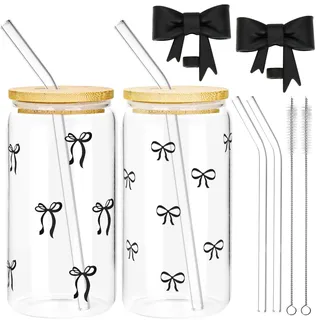 wokdsbl 2 Stück 16oz Trinkbecher mit Deckel Und Strohhalm- Schwarz Trinkgläser Set Aus Glas Mit Schleife, Bogen Design Glasbecher Wiederverwendbar für Bubble Tea, Smoothie, Milchshake für Mädchen