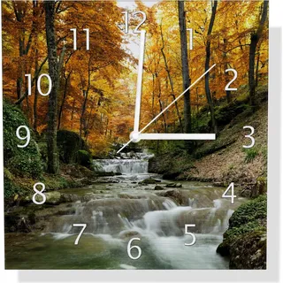 Wallario Design Wanduhr Kleiner Bach über Steine im Herbstwald aus Aluverbund, Größe 30 x 30 cm - Schwarz