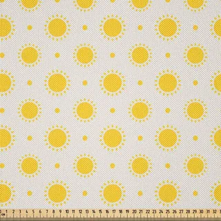 ABAKUHAUS Geometrisch Satin Stoff als Meterware, Sun Motiv bunte Polka Dots Sommer unter dem Motto Himmlische Körper Celestial Elements, 10 M (148 x 1000 cm), Gelb weiss