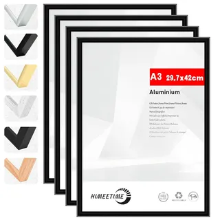 HIMEETIME® 4x Bilderrahmen A3 30x42 cm Schwarz Metall Rahmen,Dokumentenrahmen 29,7x42 cm Groß Collage,Metallrahmen Alu-Bilderrahmen Aluminium,Picture Frame A3 Fotorahmen
