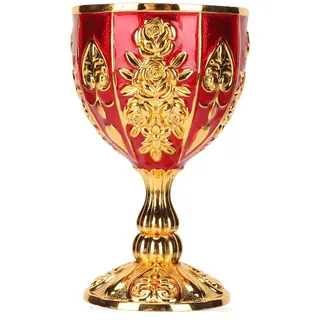 Wein Kelch aus Metall, Kelch Deko Gold, Weinkelch Römer, Weinbecher Vintage mit Verzierungen, für Kirche, Kommunion, Hochzeit, Bar und festliche Tischdekoration (Gold und Rot)