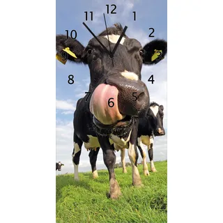 Wallario Design Wanduhr Lustige Kuh auf der Weide mit herausgestreckter Zunge aus Echtglas, Größe 30 x 60 cm - Blau