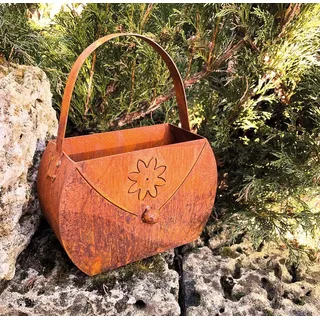 Edelrost Kleine Handtasche mit Blume 22x17cm Tasche zum Bepflanzen Rost Pflanztasche Blumentopf Windlicht Edelrost Gartendeko