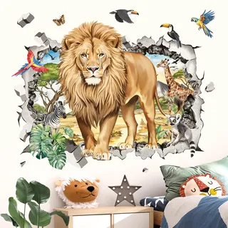 decalmile Wandsticker Safari Löwe 3D Wandtattoo Dschungel Tiere Giraffe Zebra Tropische Blätter Wandaufkleber Kinderzimmer Babyzimmer Schlafzimmer Wanddeko