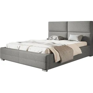 Polsterbett Lissabon mit Kopfteil, 200x200 cm, Doppelbett mit Bettkasten und Lattenrost aus Metal, Strukturstoff, Farbe: Grau - Grau