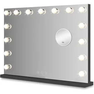 Schminkspiegel mit Beleuchtung 58x46 cm – Hollywood Kosmetikspiegel Schwarz | Tischspiegel Dimmbar mit 18 LED Lampen, 3 Lichtmodi & 10-Fach Vergrößerungsspiegel | Standspiegel für Schminktisch - Schwarz