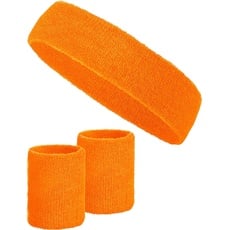 3-teiliges Schweißband-Set mit 2X Schweißbändern für die Handgelenke + 1x Stirnband für Damen & Herren (Orange)