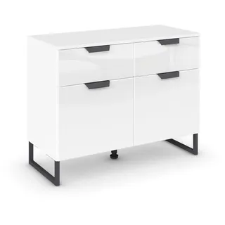 Rauch Möbel Modern by Aditio Kommode, Sideboard klein, Mehrzweckschrank, Schubladenkommode, 2-türig, 2 Glastüren, 2 Schubkästen, Soft-Close, Kufenfuß, Farbe Glas weiß/Alpinweiß, 93x73x44cm