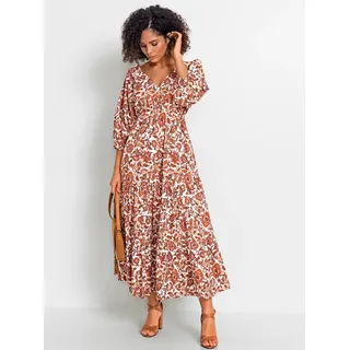 A-Linien-Kleid INSPIRATIONEN "Druck-Kleid", Damen, Gr. 36, Normalgrößen, weiß (weiß, papaya, gemustert), 100% Polyester, gemustert, lang, V-Ausschnitt, Kleider A-Linien-Kleid