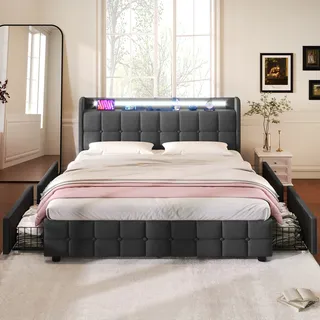 Flieks Polsterbett 140x200cm mit USB und Steckdosen, Jugendbett Doppelbett mit 4 Schubladen, Stauraumbett Massivholzbett mit LED und Lattenrost, Leinen, Grau - Grau
