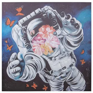 DRW Leinwandbild, Astronaut mit Blumen und Schmetterlingen, handbemalt, 40%, 100 x 100 x 3 cm