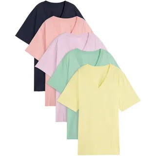 Longshirt BONPRIX "Weites Long-Shirt mit V-Ausschnitt, Kurzarm (5er Pack)", Damen, Gr. 44/46 (L), bunt (softrosa, softflieder, mint, softlimette, dunkelblau), Jersey, Obermaterial: 100% Baumwolle, mehrfarbig, unifarben, loose fit normal, V-Ausschnitt, gerader Abschluss, Shirts Longshirt, lockere Passform, Kurzarm, mit V-Ausschnitt, unifarben, Topseller