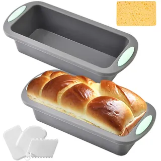 2 Stück Silikon Brotbackform Rechteckig, Brotbackform Silikon Kastenform 27.5x12.5x6.5 cm, Kasten Silicone Bread Loaf Pan Liner mit Bürste und Spachtel, Silicone Backform Kasten für Kuchen und Brote