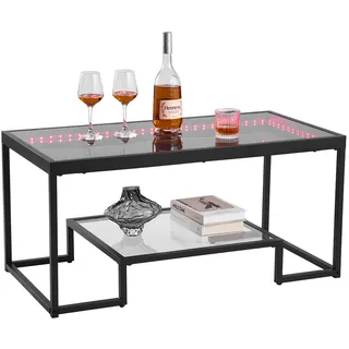 Vevor Couchtisch Beistelltisch aus gehärtetem Glas mit Beleuchtung, rechteckiger Glastisch mit zwei Ebenen & offenem Stauraum, Kaffeetisch aus Metall für Wohnzimmer Büro 100 x 51 x 48 cm Schwarz