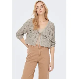 Strickjacke ONLY "ONLBEACH LIFE 7/8 O-N CARDIGAN KNT NOOS", Damen, Gr. S, grau (pumice stone), Strick, Obermaterial: 50% Baumwolle, 50% Polyester, unifarben, loose fit kurz, V-Ausschnitt, Strickjacken Strickjacke, mit Häkel-Details