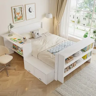 Merax Holzbett Kinderbett 120x200 cm mit Schreibtisch, Stauraum & Klapptür, Funktionsbett mit Fußregal, Seitenmodul links/rechts montierbar, Weiß - Weiß