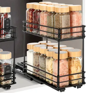 vinato Gewürzregal Ausziehbar mit 2 Ebenen, Schrank Organizer Küche mit Rollenschienen, Küchenorganizer zum Ausziehen Gewürzständer für Schrank, Spice Rack ohne Bohren (26x11.1x21,7 cm)