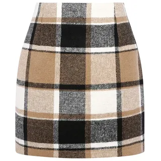 Kinghua Damen Minirock aus Wolle, kariert, für Herbst und Winter, hohe Taille, Figurbetonter Bleistiftrock, Braun Neu, Klein