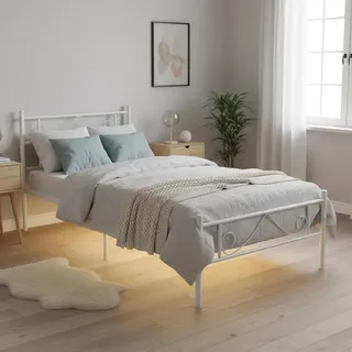 FurnitureR Metallbett 90x200 cm mit LED Beleuchtung, Einzelbett mit 25 Farben Lichtband, Stahlrahmen Bettgestell mit Lattenrost, Modernes Bett in Schwarz oder Weiß
