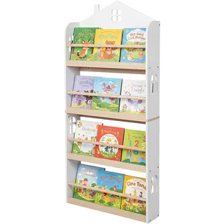 Relaxdays Bücherregal Kinder, HBT: 130 x 60 x 15 cm, Kinderbücherregal Wand, 4 Fächer, Kinderregal Hausform, weiß/Natur