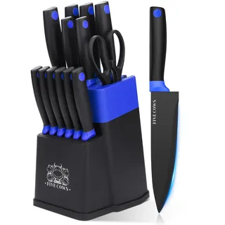 FIVE COWS Messerblock Set, mit 14-teilige, Küchenmesser Set, mit Selbstschärfender Messerblock, mit steakmesser und Schere, Beschichtung verhindert Oxidation, professionelles Set für Zuhause (Blau)
