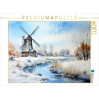 CALVENDO - Puzzle Winterliche Landschaft mit Windmühle | 1000 Teile Lege-Größe 64x48cm Foto-Puzzle für glückliche Stunden: Windmühlenzauber