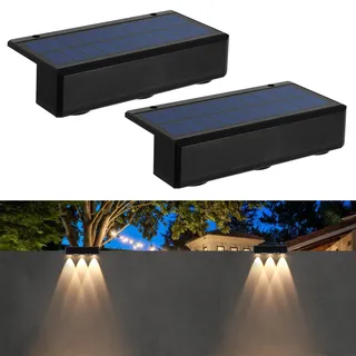 Solar Zaunleuchten für Garten im Freien, 2 Pack 3 LED Solar Wandleuchten Wasserdichte Solar Treppenleuchten Solarbetriebene Stufenleuchten für Außenbereich Garten Hof Treppe Terrasse Deck (Warmweiß)