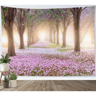 LB Wandteppich Rosa Blumen Wandtuch Blumenbaum mit Sonnenschein Wandbehang Frühlingshafte Naturlandschaft Tapisserie für Wohnzimmer Schlafzimmer Wohnheim Wanddeko,200x150cm