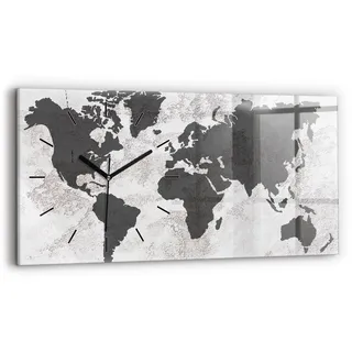 Wallfluent Wanduhr – Stilles Quarzuhrwerk - Uhr Dekoration Wohnzimmer Schlafzimmer Küche - Zifferblatt mit Strichen - schwarze Zeiger - 60x30 cm - Weltkarte Beton - Grau